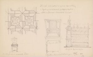  A collection of detailed pencil sketches by Johan Joachim Meyer from the Nordic Exhibition in Copenhagen 1888, featuring geometric designs and plans on paper, possibly related to architecture or furniture design, with precise lines and varying shades of grey.