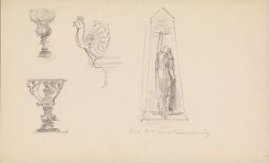  Pencil drawings by Johan Joachim Meyer titled "From the Nordic Exhibition in Copenhagen 1888," featuring three objects—a decorative goblet, an ornate wall sconce, and a slender monument with a relief design—all rendered in shades of grey on off-white paper.