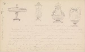  Pencil sketches by Johan Joachim Meyer on beige paper from "From the Nordic Exhibition in Copenhagen 1888" showing four decorative objects, possibly urns and a pedestal, with intricate detailing and handwritten notes on the side.