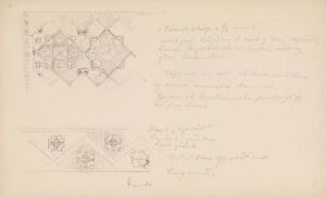  Pencil sketches on light beige paper by Johan Joachim Meyer titled "From the Nordic Exhibition in Copenhagen 1888," featuring intricate geometric patterns and designs along with illegible handwritten notes. The image conveys a historical and artistic feel with a focus on detailed draftsmanship and pattern study.