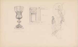  A pencil sketch titled "From the Nordic Exhibition in Copenhagen 1888" by Johan Joachim Meyer on beige paper, featuring a detailed vase on the left, a simple window frame center-right, and the outline of a person's profile with headwear to the far right.