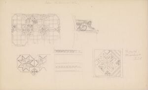  A monochromatic pencil drawing titled "Details from the City Hall in Lund" by Johan Joachim Meyer, depicting architectural sketches of ornamental designs on beige paper, with varying shades of gray illustrating geometric shapes and patterns.