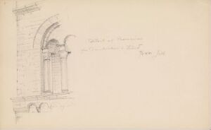 
 "The Tower Window in the Lund Cathedral," a grayscale pencil drawing on paper by Johan Joachim Meyer, featuring a detailed partial depiction of a Gothic-style architectural window with subtle shading that highlights the stonework's texture and depth.