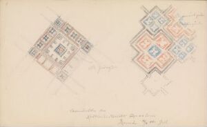  "Vevmønstre" by Johan Joachim Meyer, a visual art piece featuring geometric patterns with a grayscale, architectonic design on the left and a vivid, multicolored, symmetrical pattern on the right, rendered in pencil and colored pencils on an off-white paper, accompanied by faint pencil annotations.