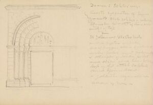  Pencil drawing "Domen i Slesvig" by Johan Joachim Meyer on off-white paper, depicting an architectural detail of an archway on the left with several layers of molding, and handwritten notes in old script on the right, showcasing shades of gray for depth and structure.