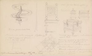  Scanned image of a historical document titled "From the Nordic Exhibition in Copenhagen 1888" by Johan Joachim Meyer featuring multiple pencil sketches on an off-white paper with handwritten notes, showcasing a variety of design elements related to the 1888 exhibition.