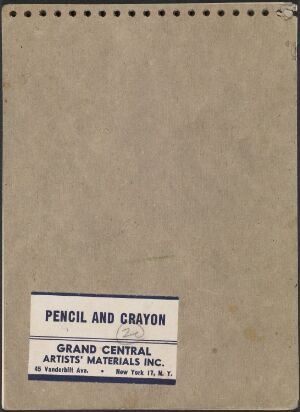  Cover of the 'Skissebok, Kinateater i New York' sketchbook with a light brown background and a white label that includes black text reading "PENCIL AND CRAYON, GRAND CENTRAL, ARTISTS' MATERIALS INC., 89 EAST 42nd STREET, NEW YORK 17, N.Y." Spiraled edge on the left side.