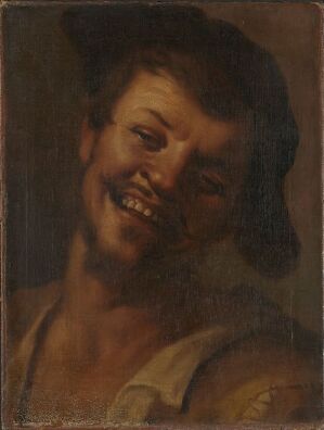  A portrait titled "Head of a Laughing Man" by an unidentified Dutch artist, depicting a joyously laughing man with sunlit skin against a dark brown background, illustrating the vividness of human expression in a 17th-century style.
