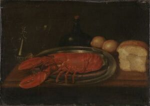  "Still Life with Lobster and Bread" by an unknown artist, an oil painting on canvas, featuring a dark background with a red lobster on a metallic platter, surrounded by soft-colored fruits, a sliced loaf of bread to the right, and a dark bottle in the background.