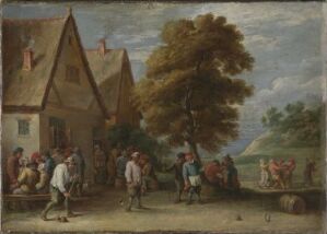  "Bønder foran et vertshus" by David Teniers (II), oil on canvas, showcases a bustling rural scene outside an inn with peasants socializing, a large central tree, and a serene landscape in the background.