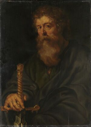  "Older bearded man in deep contemplation by Peter Paul Rubens, oil on wood panel. The man is wearing a dark green robe and holds a sword with a golden hilt vertically. The color palette includes muted browns, golds, and greens, with the figure lit from the upper left, accentuating his expressive face and the texture of the robe."