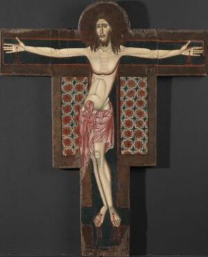  "Crucified Christ," a visual art piece from the Lucca school by an unidentified artist, featuring the somber figure of Jesus on an ornately patterned cross against a dark grey background, utilizing a palette of earth tones, reds, and golds with tempera on wood.