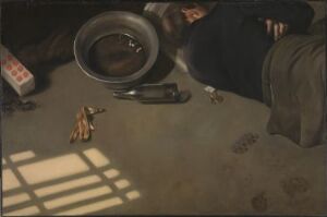  "Morgen" by Odd Nerdrum, a painting on canvas depicting an interior scene with a figure lying next to a tipped-over basin on a floor marked with footprints and suffused with morning light creating stark shadow patterns. The color palette is centered around earth tones, with a focus on the textures of worn objects and the interplay between light and shadow.