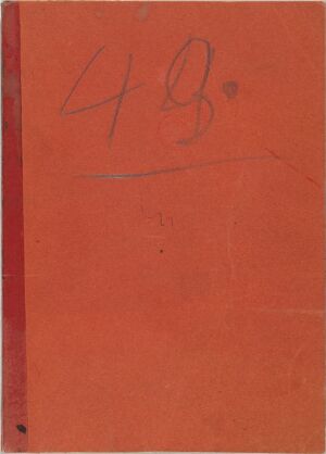  A worn reddish-brown sketchbook cover with a handwritten "4 B." in blue ink near the top, suggesting use as a personal artistic journal or idea repository.