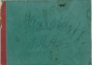  A weathered deep green sketchbook cover titled "Skissebok" with faded black handwritten ink including a signature and date, and a worn reddish-brown edge.