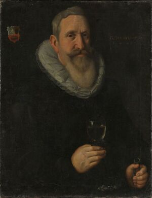  "A 56-Year-Old Wine Cooper" - A portrait painting by an unidentified Dutch artist on canvas featuring a dignified, older gentleman with graying hair, a white ruffled collar, and a dark outfit, holding a glass of wine. The painting captures the essence of a skilled wine cooper, using a predominantly dark palette with soft lighting that highlights the subject's face and hands, creating a calm yet knowledgeable expression.