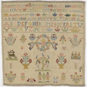  An image of a vintage embroidered sampler with alphabets and numbers at the top, followed by symmetrical bird and floral motifs, with figures on horseback and humans surrounded by decorative elements, all stitched in muted colors on