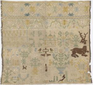  An antique textile featuring a symmetrical pattern of diamonds with floral motifs, bordered by scenes of animals, human figures, and plants in soft blues, pale yellows, gentle greens, and accents of brown on a natural beige background.