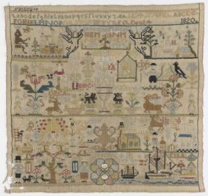  An antique embroidered sampler arranged in horizontal bands with faded colors, showcasing a variety of motifs including text, birds, plants, geometric patterns, and scenes with human figures and animals, on a warm beige fabric background.