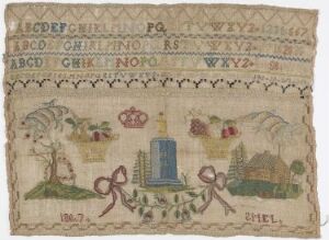  An antique embroidery sampler with an off-white background featuring brown uppercase alphabets at the top, numbers 1 through 8, various pastoral motifs including a blue-roofed building, green hills with houses, an animal, and red and yellow flowers, with two large brown bows in the bottom corners. The sampler is dated "1847" in the bottom right.