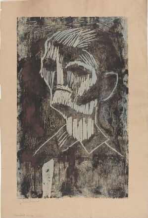  Hand-colored woodcut on paper titled "Mann fra Telemark" by Johs Rian, showing an abstract, linear depiction of an older man's face and upper torso with heavy shadowing, executed primarily in shades of black, sepia, and grey on a textured, aged paper background.