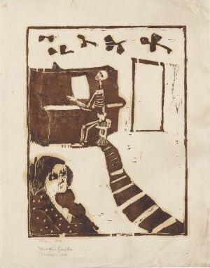  "Sørgemarsj" by Johs Rian is a woodcut print depicting a sorrowful figure in the foreground with dark, expressive eyes, partially shrouded in shadow. Another figure sits at a piano in the mid-ground, with stylized birds visible through the window behind, all rendered in dark brown on a cream paper background.