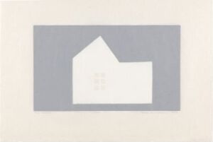  "Natt" by Hanne Borchgrevink, a minimalistic woodcut print on paper, featuring a stylized white house with a grid of windows centered on a gray-blue rectangular background, framed by a wide white paper margin.