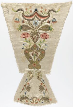  Vintage textile with symmetrical floral and vase patterns in soft pink, blue, green, and brown hues on a creamy beige background, finished with a swallowtail cut at the bottom.