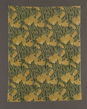  A patterned artwork featuring repetitive stylized yellow flowers with full petals on a textured olive green background, suggesting a floral fabric or wallpaper design.