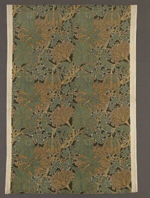  A textile design by Charles Francis Annesley Voysey featuring a muted green background with a pattern of stylized brown, tan, and beige flowers and foliage. The texture suggests a plush, velvet-like weave. The textile is framed by a lighter strip of color bordering its vertical edges.