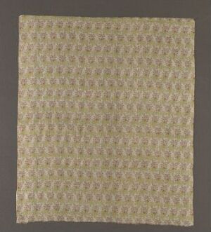 
 A patterned fabric square with a repetitive floral motif in pale yellow and soft brown tones, presented against a dark background, suggestive of a historical or vintage textile. Artist name and title remain unknown.