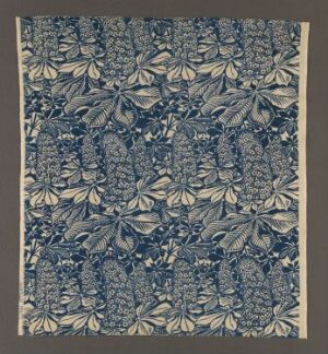  An intricate blue and cream floral pattern, reminiscent of detailed lacework, with repetitive clusters of large blooms surrounded by smaller paisley-like shapes, all presented on a square fabric-like background.