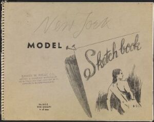  Vintage "New York MODEL Sketchbook" cover with handwritten titles and a sketched illustration of a seated woman on cream-colored paper, displaying signs of age and usage.