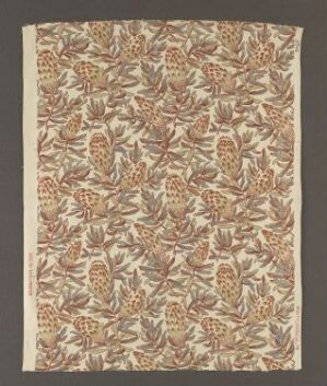  "The Persian," a cotton textile design by C.P. & J. Baker Ltd., featuring an intricate, machine-woven, and printed pattern of foliage and fruits in earthy tones of browns, russets, and sage greens on a pale beige background.