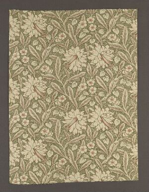  A textile or wallpaper pattern featuring an intricate botanical motif in shades of cream, white, and green on a muted brown background, conveying a traditional and organic aesthetic.