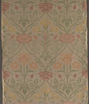  "Rose and Lily" by John Henry Dearle – a silk textile design featuring a pattern of pink roses and green lilies with yellow and peach accents on a muted grayish background, representing the intricate weaving technique and style of the Arts and Crafts Movement.