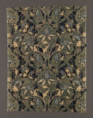  A detailed and symmetrical pattern with Gothic-inspired motifs in golden tones set against a dark grey or brown background, suggestive of an ornate tapestry or brocade.