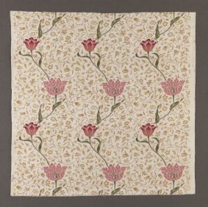  "Medway," a textile design by William Morris, displaying a repeating pattern of pink flowers connected by green winding stems on a cream background with a subtle leafy motif.