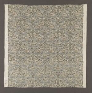  "Peony," a machine-woven cotton fabric in toskaftbinding, Panama, with a printed floral pattern by artist Kate Faulkner. The textile design displays a sophisticated pattern with muted colors on a flat square of fabric.