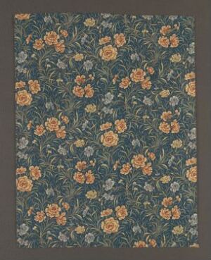  A textile sample titled "Carnation" by Liberty & Co, featuring machine-woven cotton with a printed pattern of stylized carnations in shades of orange and yellow on a dark slate blue background with dark green foliage.