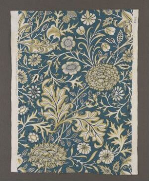  Textile design titled "Cherwell" by John Henry Dearle, featuring an intricate botanical pattern with stylized flowers in shades of creamy yellow and peach-pink, leaves in various greens, and golden beige accents on a deep muted blue background, bordered with a simple, lighter motif.