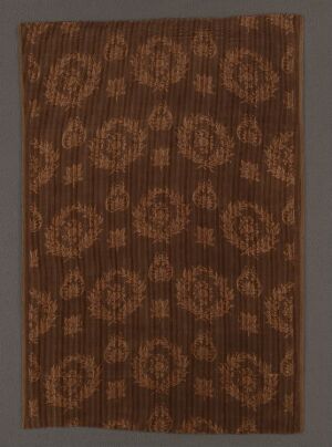  A rectangular patterned textile featuring a symmetrical arrangement of dual-layered, circular medallions connected by smaller diamond shapes, all rendered in shades of dark and light brown.