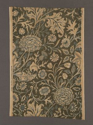  Machine-woven velvet cotton textile "Cherwell" by John Henry Dearle, displaying an earthy greenish-gray background with a printed pattern of golden floral and foliate motifs surrounded by a beige border.