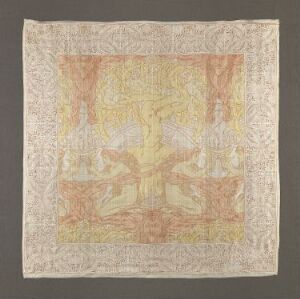  A square textile with intricate classical figures and decorative patterns in muted pinks, yellows, and beiges, suggesting a vintage handkerchief or scarf.