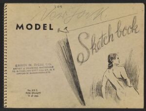  Vintage sketchbook cover titled "Skissebok, New York" with a faded beige background. It features a bold caption "MODEL" and the word "Sketchbook" in cursive, along with a delicate sketch of a woman's profile on the right. There's a handwritten note at the top left corner. The cover evokes a sense of historic charm and artistic use.