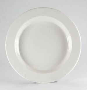  A white vitroporcelain plate with a glossy finish, designed by Figgjo, featuring a simple, classic circular shape with raised edges and a slightly concave center. The plate is set against a light gray background which accentuates its clean and modern design.