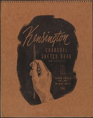  Cover of the "Skissebok, New York" by Rolf Nesch, featuring a realistic sketch of a hand holding a pencil on a brown paper background, with the title "Kensington Charcoal Sketch Book" in white lettering.