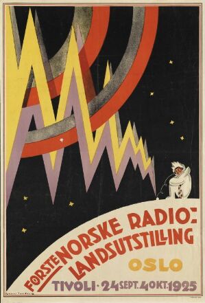  A vintage graphic poster by Gunnar Tandberg for "Første Norske Radio: Landsutstilling" featuring stylized zigzagging motifs in yellow, red, and white over a dark sky, with a suited man and a horn speaker in a beam of light, and event details in white text.