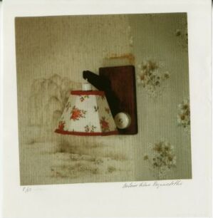  A visual artwork by Gudrún Hrönn Ragnarsdóttir titled "Untitled," featuring a digitally printed scene on paper with an upside-down lampshade adorned with a red floral pattern next to an open book on a faded, patterned background, accented with the artist's handwritten signature in the lower right.