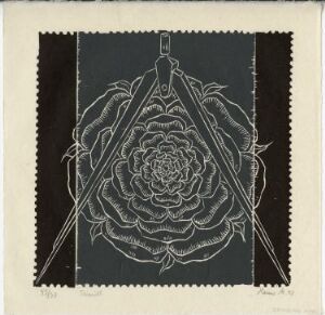  "Untitled" by Hanne Nielsen - An intricate two-color woodcut print on paper depicting a detailed, stylized rose flower against a dark background, showcasing a stark contrast of black and white.